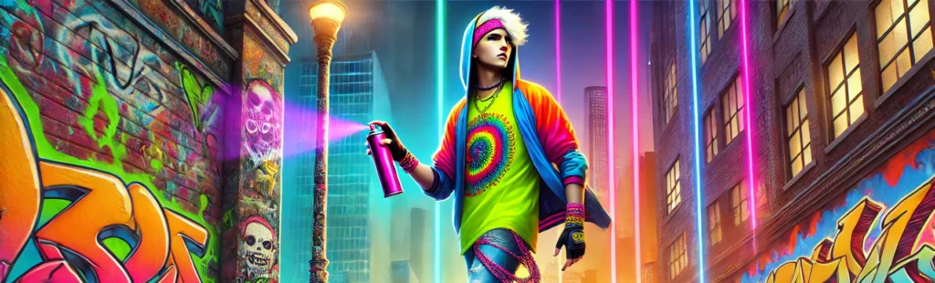 roller blader in bright neon colors with spray paint in their hands, surrounded by a cityscape filled with graffiti