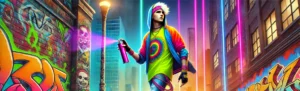 roller blader in bright neon colors with spray paint in their hands, surrounded by a cityscape filled with graffiti