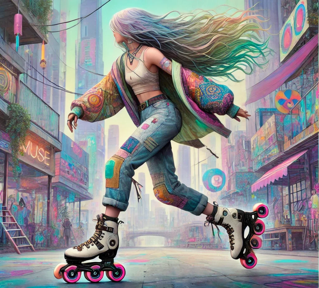 A solo roller blader in the city with long rainbow hair