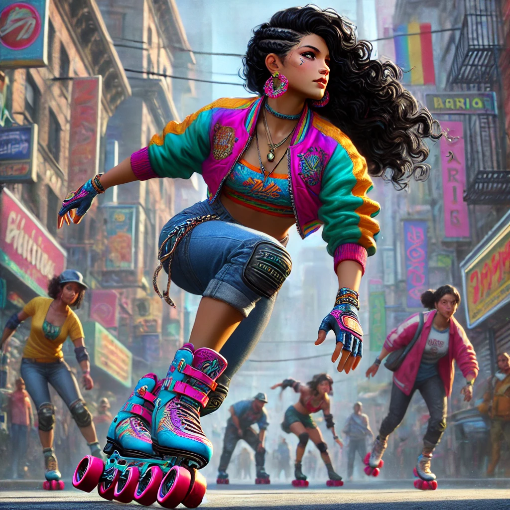 A roller blader in bright neon colors with sother roller bnladers behind them